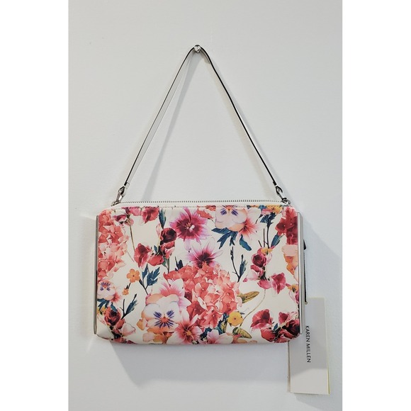Karen Millen Floral Clutch Wristlet Bag Cream Pink Roses Designer Evening - Picture 14 of 14